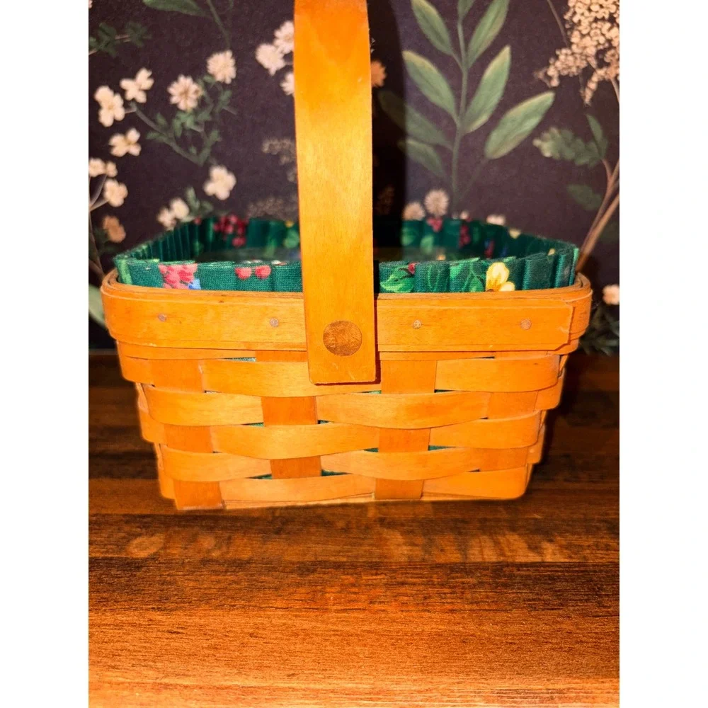 Longaberger 1994 Handwoven Basket with Floral Liner and Plastic Protector Small